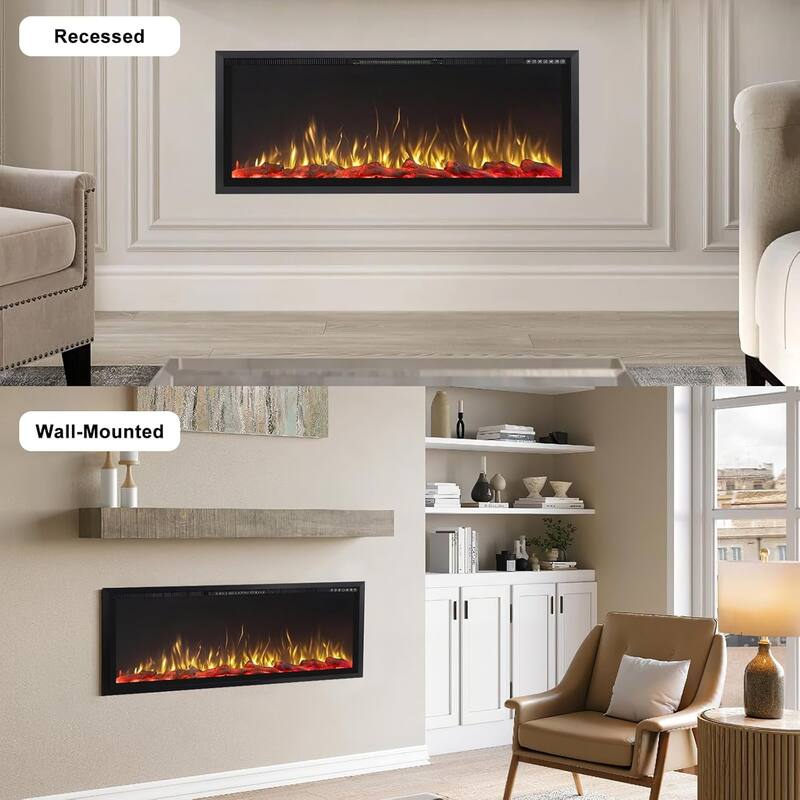 BOSSIN Recessed Wall Mount Electric Fireplace - Ultra-Narrow Frame, Low Noise, Remote w/Timer, Adjustable Flame Color & Speed