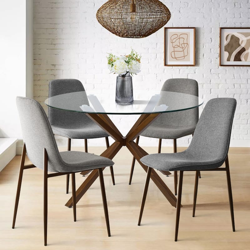 Modern Round Glass Table Set for 4 with Upholstered Dining Chairs