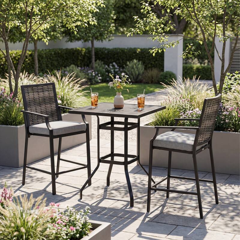 Gymax 3PCS Outdoor Bar Set High Top Patio Bar Table & Rattan Wicker