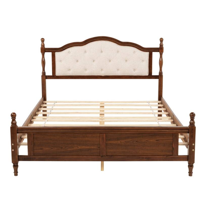 Pine Wooden Platform Bed with Upholstered Headboard and Panel Footboard,Queen Size