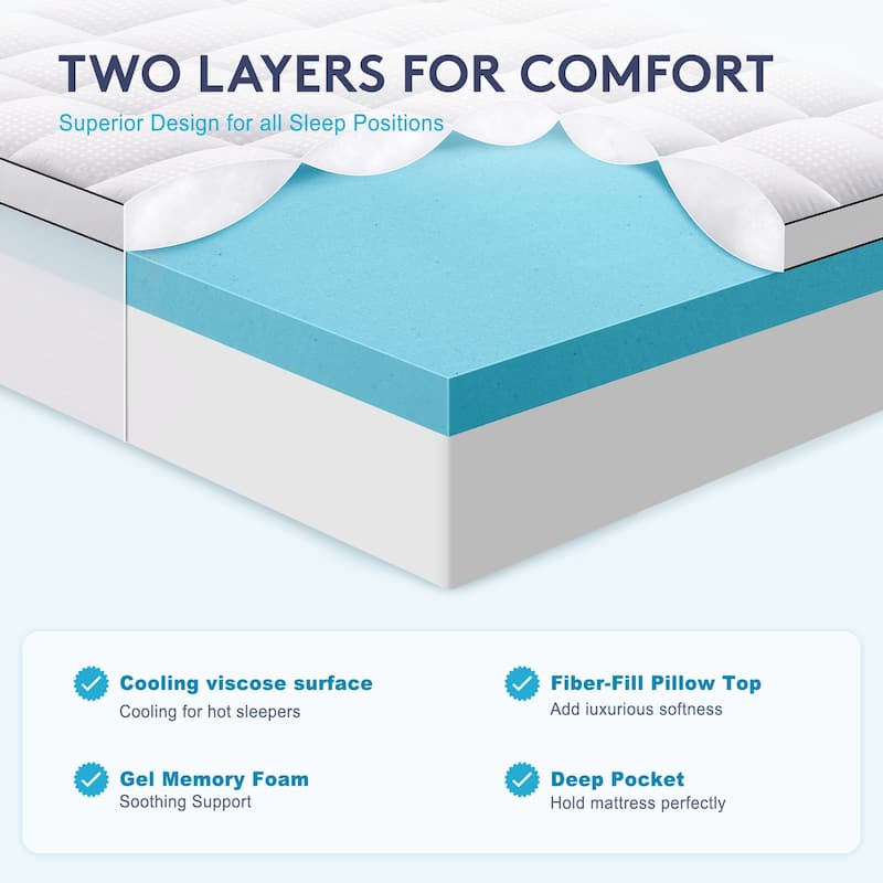 2 inch Gel Memory Foam and 2 inch Cooling Pillow Top Mattress Pad Cover - WHITE