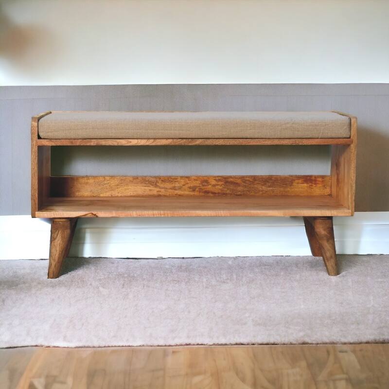 Artisan Furniture Oak-ish Nordic Storage Bench With Mud Linen, Brown with open storage and seat pad