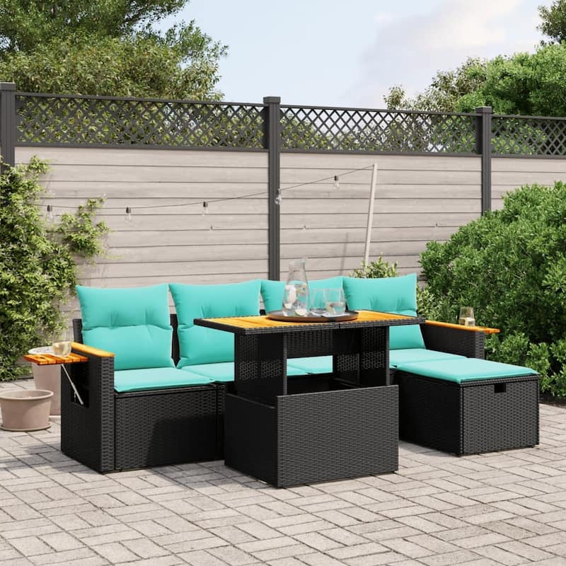 vidaXL Patio Sofa Set with Cushions Outdoor Furniture 6 Piece Poly Rattan - Black - 21.7 x 24.4 x 27.2