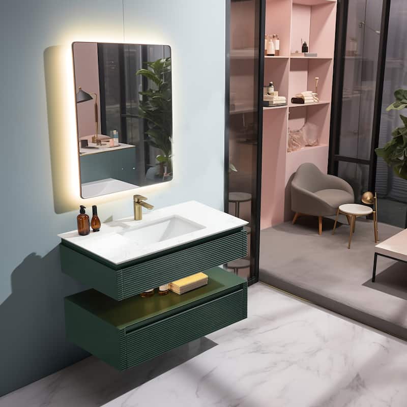 Modland 36/48 Inch LED Floating Vanity with Marble Top & Soft-Close Drawer - Green/White, Wall Drain Ready