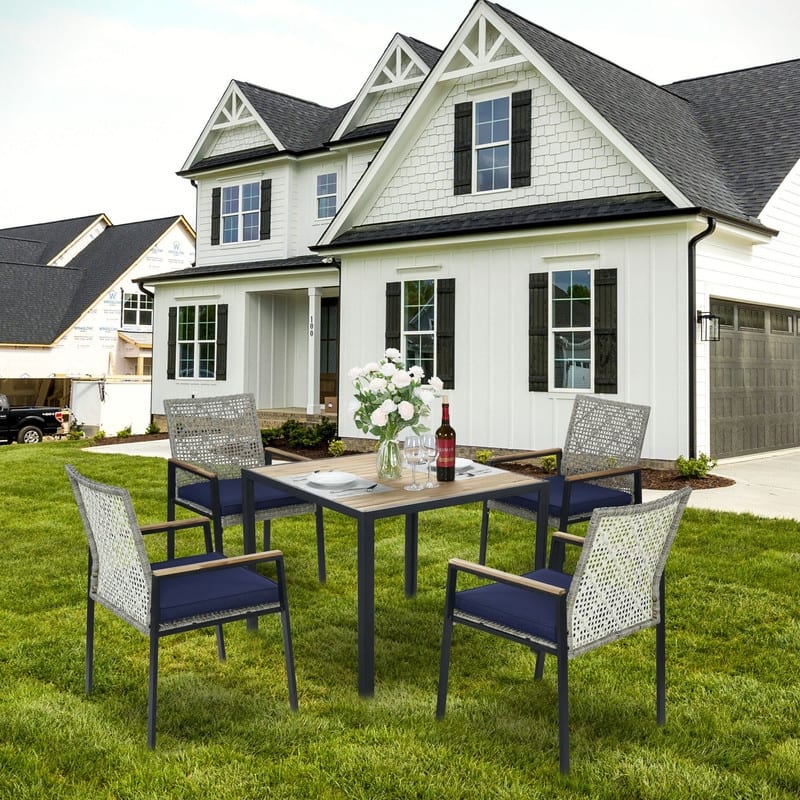 All Weather 5-Piece Patio Dining Table Sets, Patio Conversation Set Acacia Wood Table Top with Umbrella Hole, Rattan Outdoor
