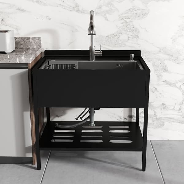 slide 2 of 14, Freestanding Laundry Stainless Steel Large Utility Sink Single Bowl - 32*22*40 Black