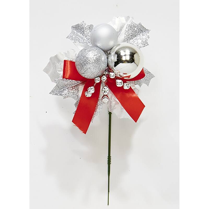 7" Christmas Ball Berry Leaves Pick, Silver, Set of 12 - 7