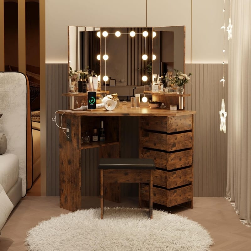 Makeup Vanity with Lights, Power Outlets, Tri-Fold Mirror, 5 Rotating Drawers, Stool
