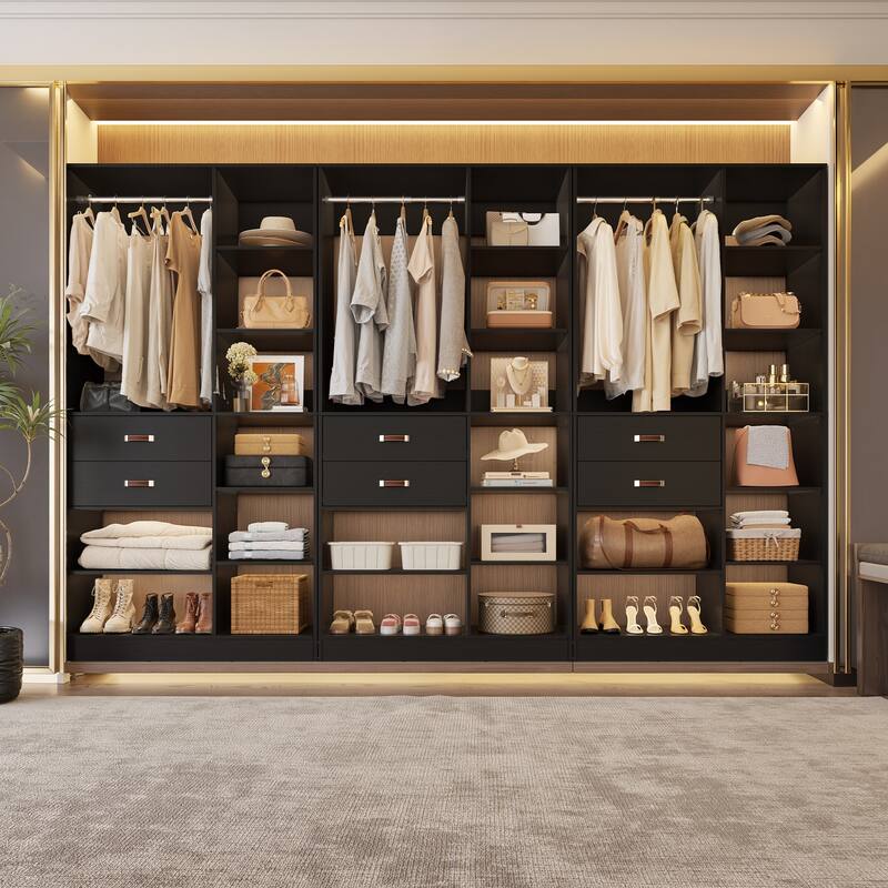 40'' Large Closet System with 10 Shelves and 2 Drawers, Freestanding Closet Organizer with Hanging Rods - 3pcs - Black
