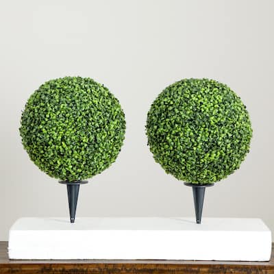 Boxwood Ball Topiary Artificial Outdoor Plants - 14" - Set of 2