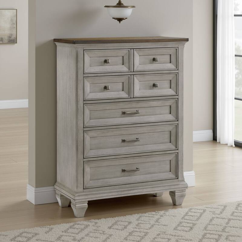 Giny Tall Dresser Chest, 5 Drawers, Brown and Antique Gray Acacia Wood