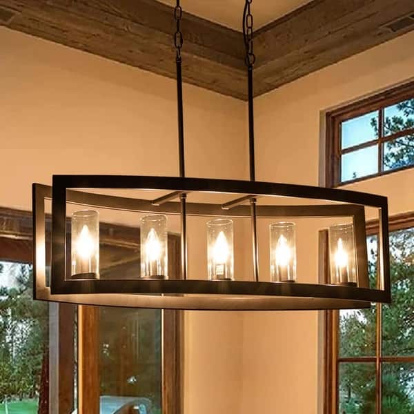 5-Light Vintage Glass Chandelier – 2-Tier Mid-Century Modern Pendant, Gold Finish, Adjustable Height 19–51 Inch, For Dining Room