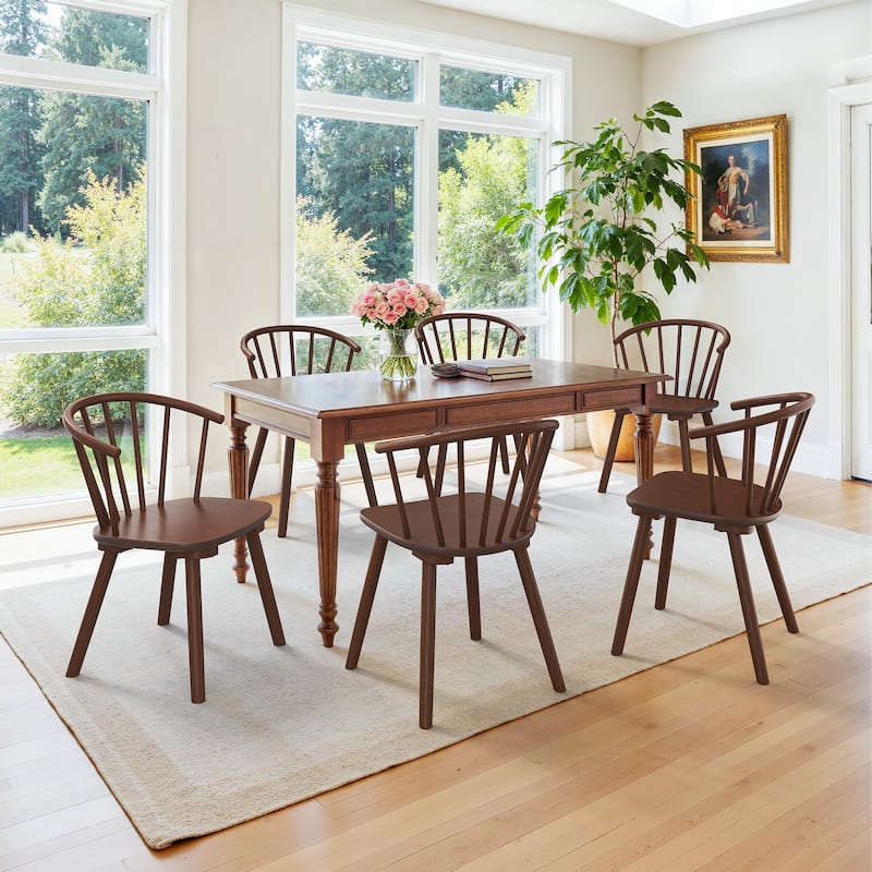 Wooden Dining Chairs with Spindle Backrest, Set of 2/4/6 Kitchen Chairs for Kitchen Island - Set of 6 - Brown