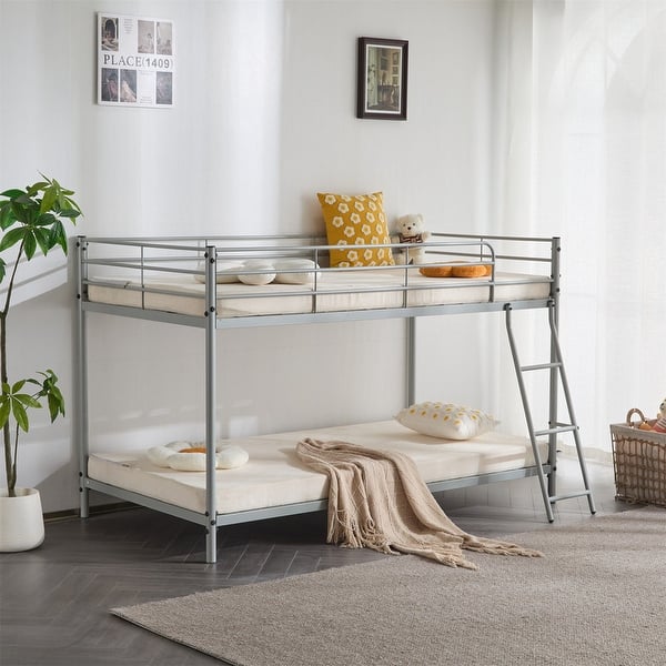 slide 2 of 34, Twin Round Pipe Bunk Low Bed Guardrail Angled Ladder Iron Bed USA Grey
