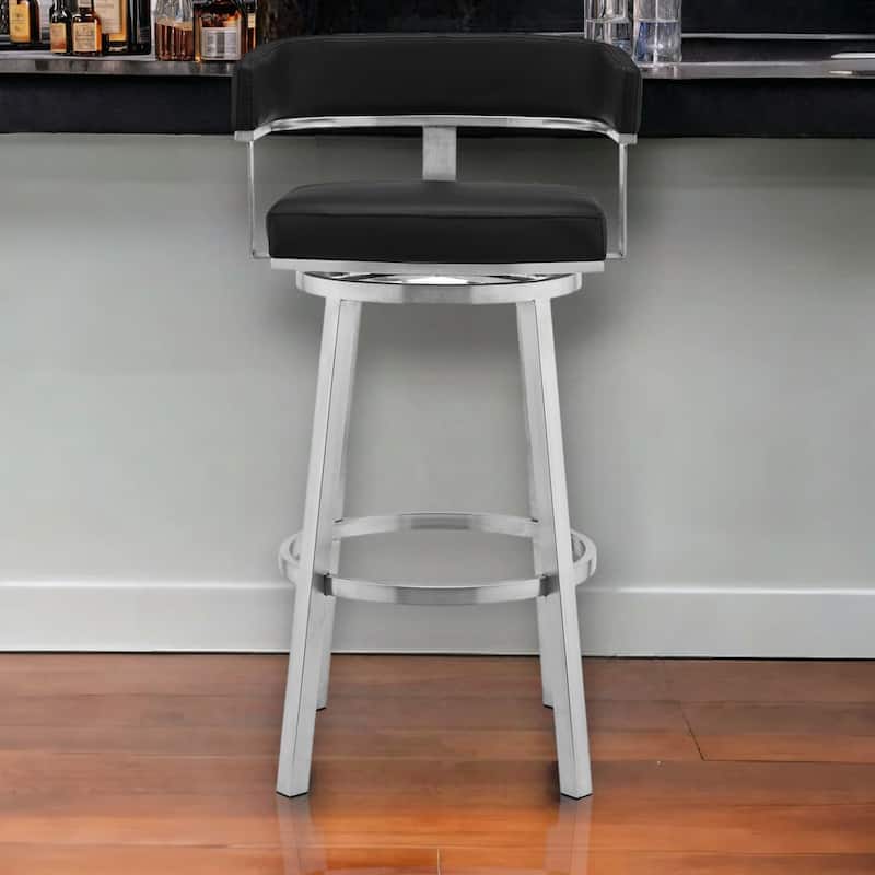 Contemporary Swivel Bar Stool with Silver Brushed Finish and Faux Leather Seat Modern Style