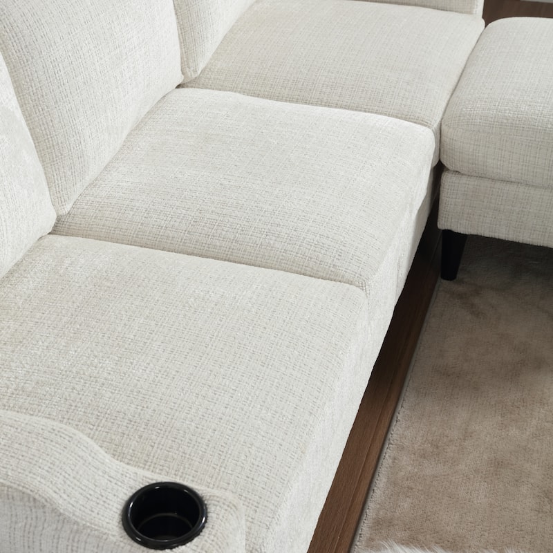 Modular Sectional Sofa with Storage Ottoman, Comfy Chenille Fabric Sofa, 3-Seater Sofa with Side Pockets & 2 Cup Holders