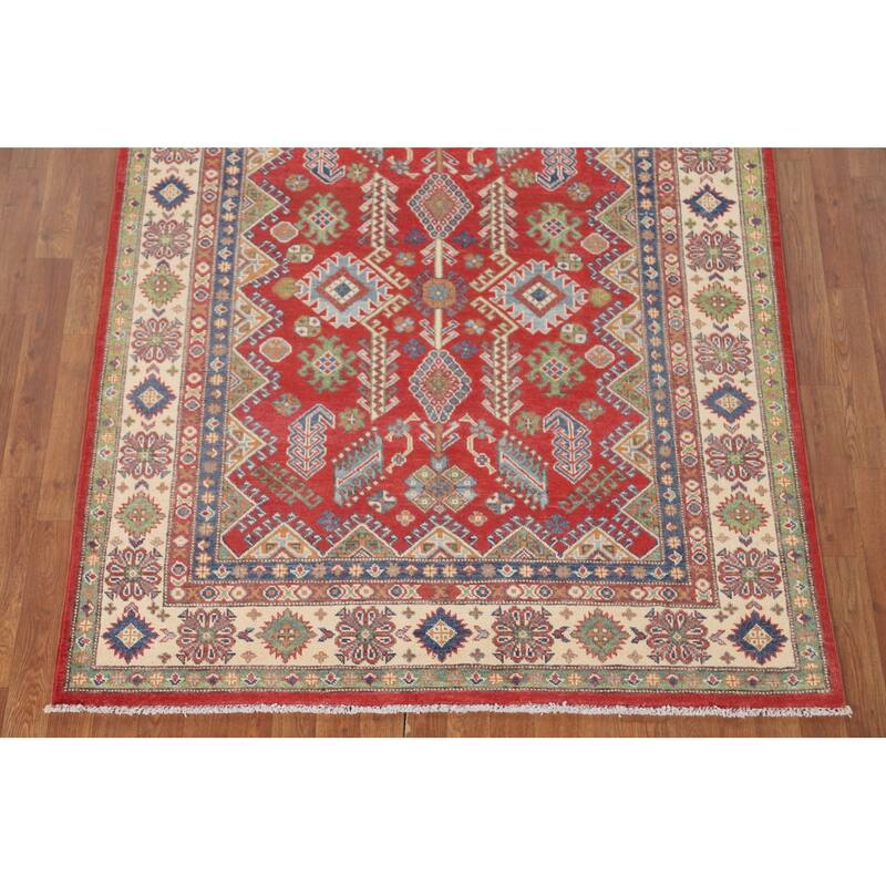 Geometric Kazak Area Rug Hand-Knotted Oriental Wool Carpet - 4'11" x 6'3"