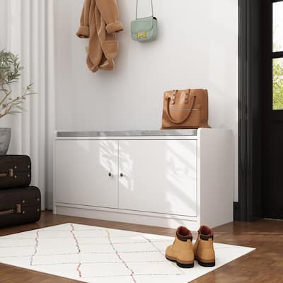 35.8"W White Storage Bench with Drawers and Padded Seat Cushion