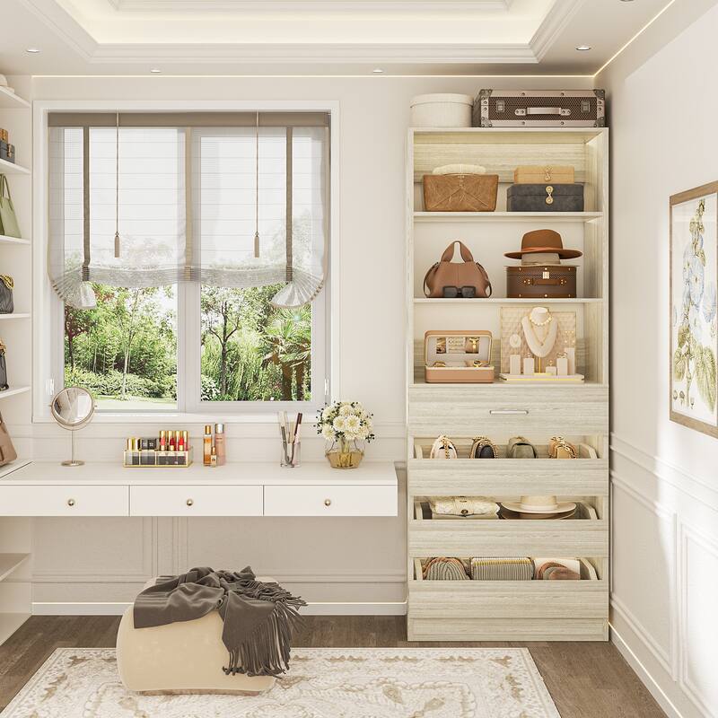 21.3" Storage Cabinet Bookshelf with Charging Station and 3 Wood Drawers, Freestanding Closet System with Storage Shelves