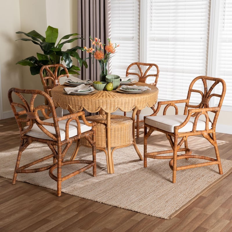 Trevor 5-Piece Rattan Dining Set - Round Wicker Table with Scallop Edge and 4 Armchairs, Handwoven Boho Coastal Style for Dining
