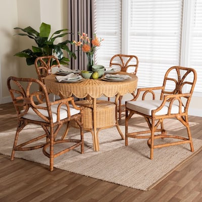 Trevor 5-Piece Rattan Dining Set - Round Wicker Table with Scallop Edge and 4 Armchairs, Handwoven Boho Coastal Style for Dining