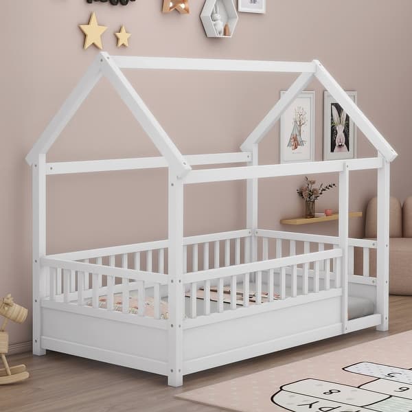 slide 2 of 11, House Bed Twin Size Floor Bed with Fence Railings, Montessori Bed Frame, Wood Playhouse Beds for Kids Girls Boys, White White - Twin