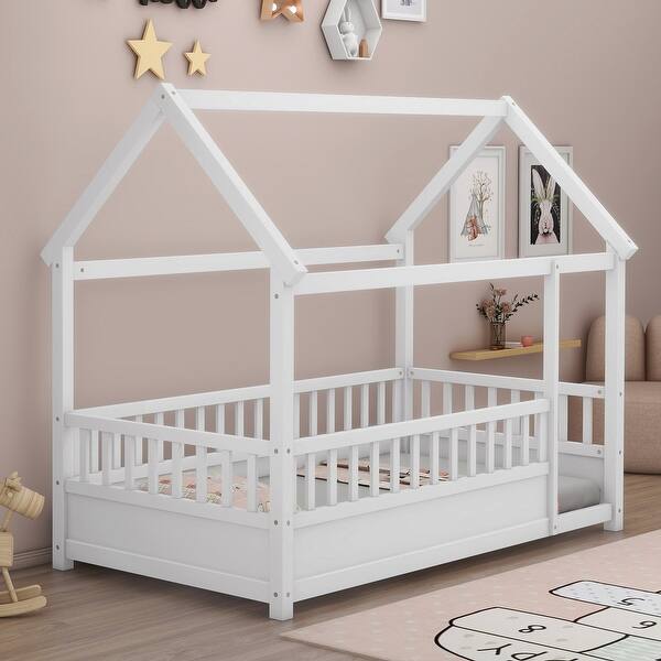 slide 2 of 22, Twin Size Floor Wooden House Bed with House Roof White