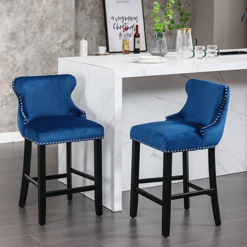 Nailhead Trim Velvet Bar Stools, Tufted Button Wingback Dining Chair, Wooden Legs Counter High Bar Chair, Set of 2