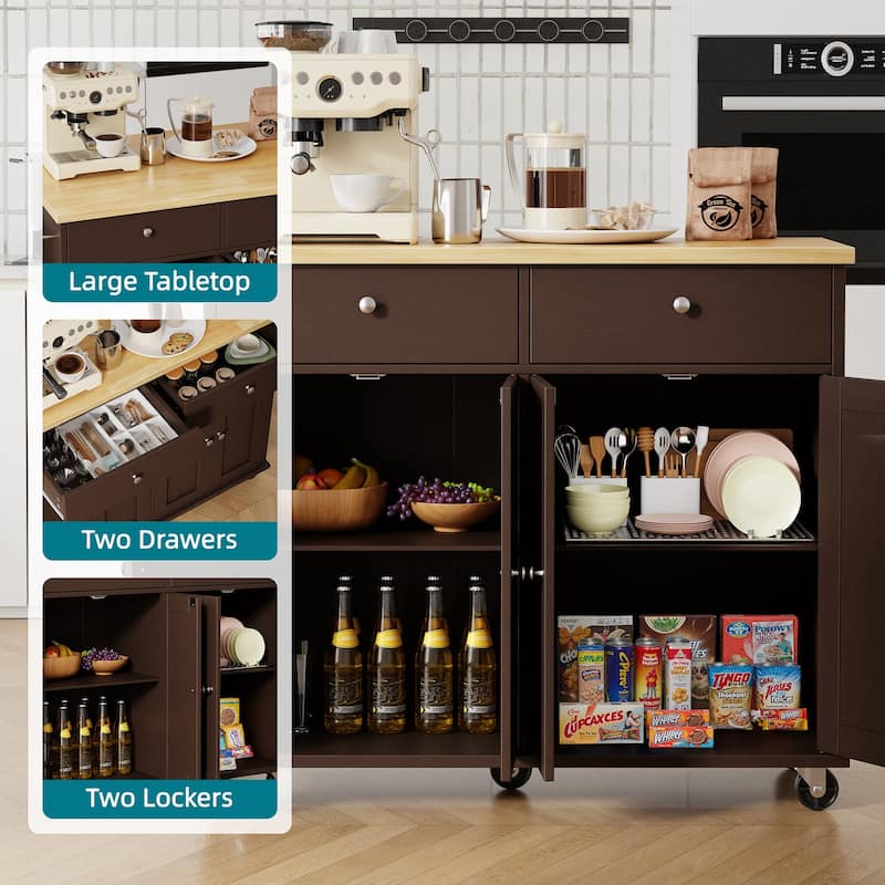 Kitchen Storage Island with 2 Drawers & Extendable Countertop - Rolling Storage Cart with Towel Rail, Lockable Wheels