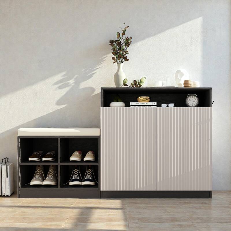 Entryway Shoe Cabinet with Bench, 2-Door Storage Console with Adjustable Shelves, 4 Open Shoe Racks & Cushion - Beige+Black