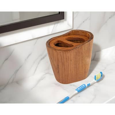 HomeRoots Natural Brown Solid Teak Oval Toothbrush Holder - 4.88" X 3.88" X 2.75"