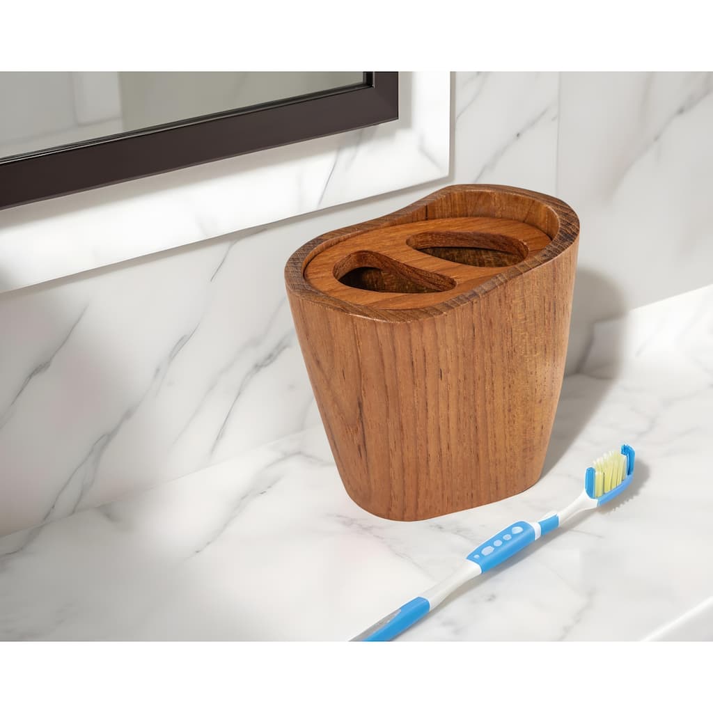 HomeRoots Natural Brown Solid Teak Oval Toothbrush Holder - 4.88" X 3.88" X 2.75"