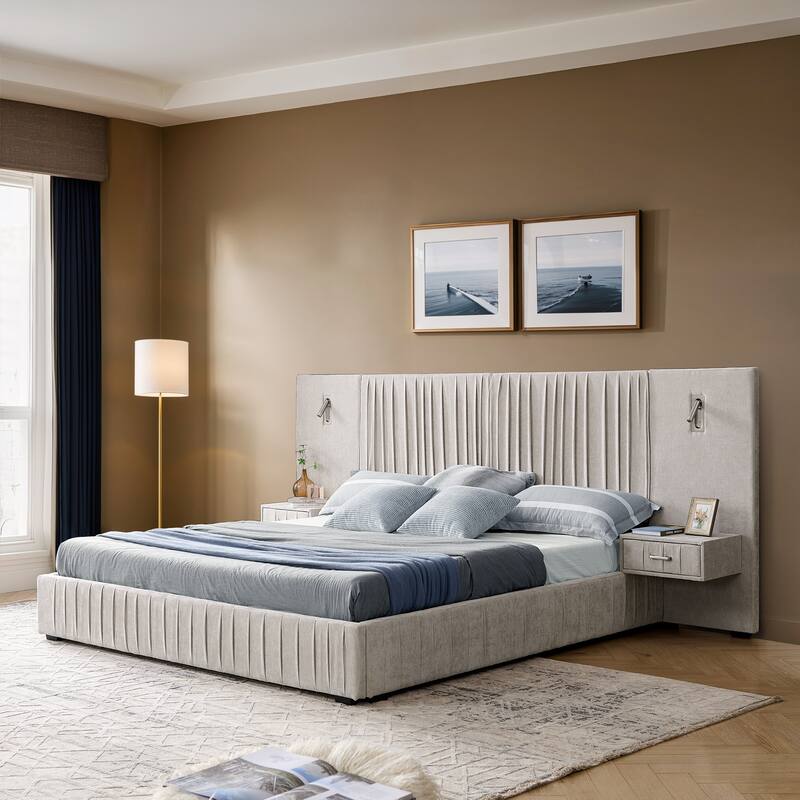 Chenille Upholstered Pleated Platform Bed Frame Wingback Headboard with Side Tables and Adjustable Lamps