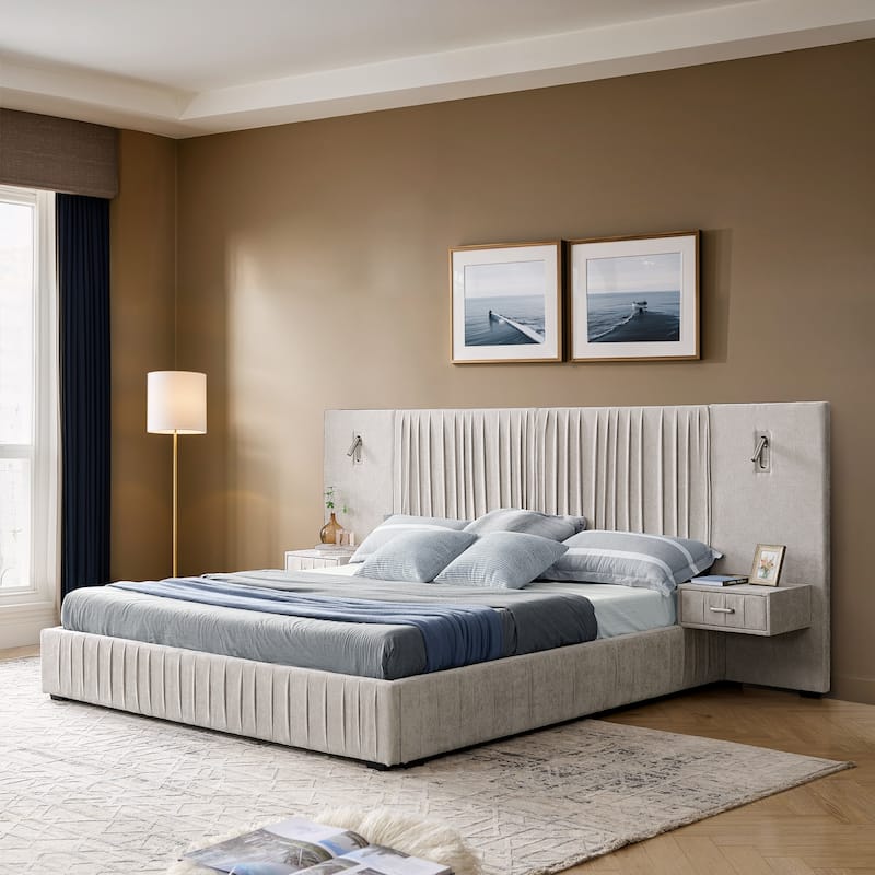 Pleating Upholstered Bed Platform Bed Frame with Enlarged Widened Headboard and Integrated Bedside Table Adjustable Bedside Lamp