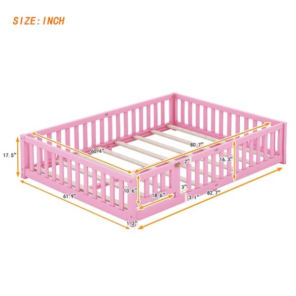 dimension image slide 7 of 11, Twin/Full/Queen Size Floor Bed with Door, Wood Montessori Bed for Kids