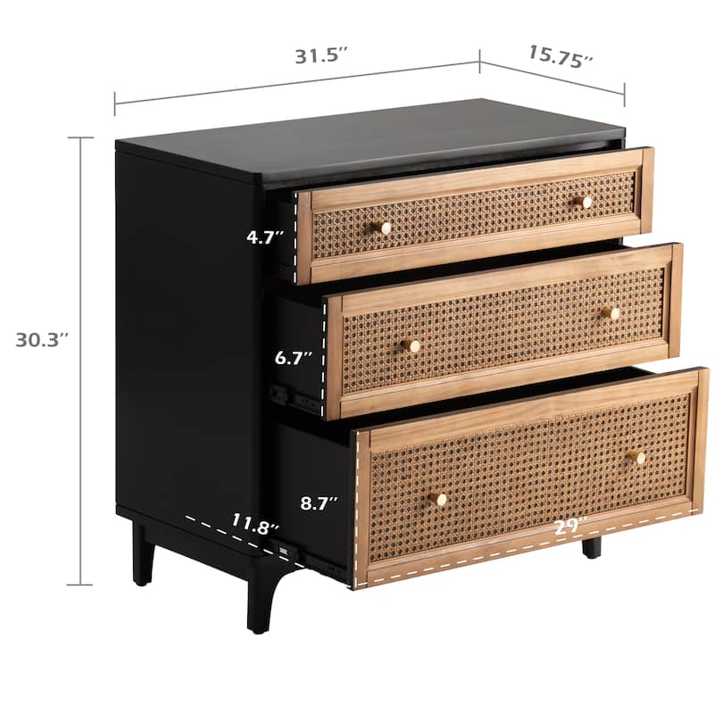 COZAYH Woven Cane Front Accent Nightstand with Brass Knobs, Accent Dresser