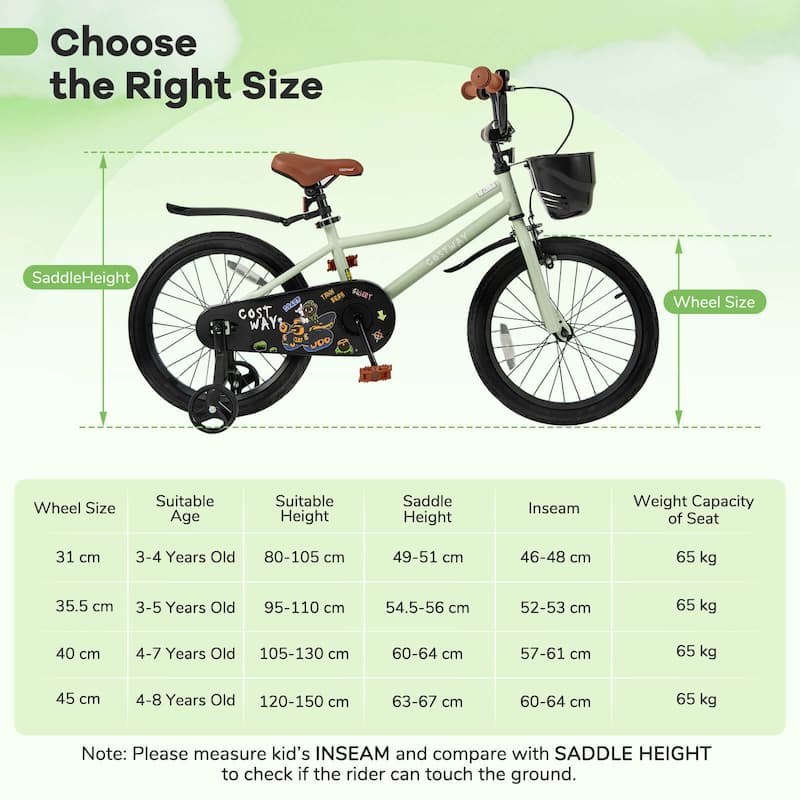 Costway 12"/14"/16"/18" Kid’s Bike with Training Wheels Adjustable
