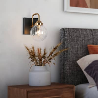 Modern 1-Light Black Gold Bathroom Wall Sconce Lighting with Globe Glass - L 4.7" x W 7" x H 7.5"