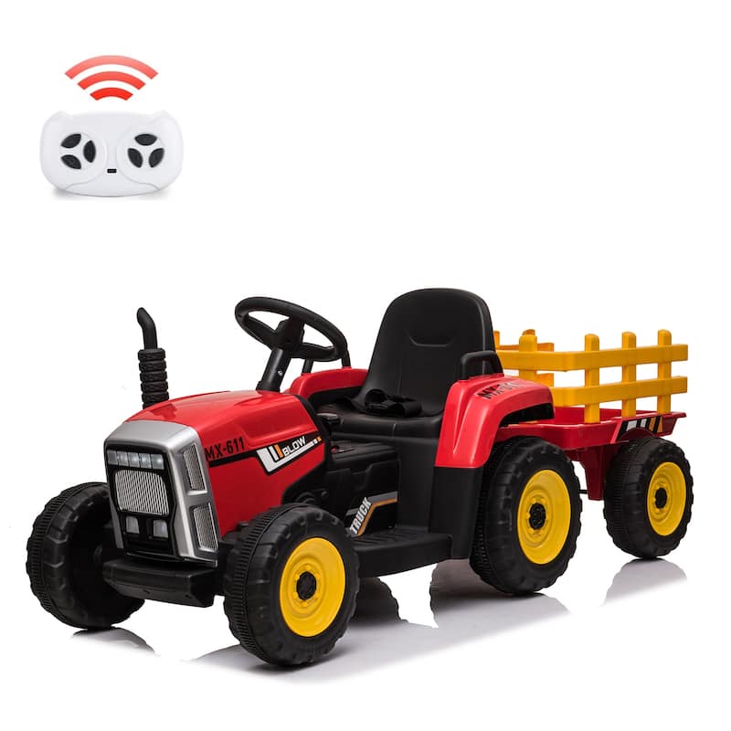 12V Kids Electric Tractor w/Remote Control Treaded Tires,Battery Powered Ride On Tractor with Trailer & 2+1-Gear-Shift - 25W - Red