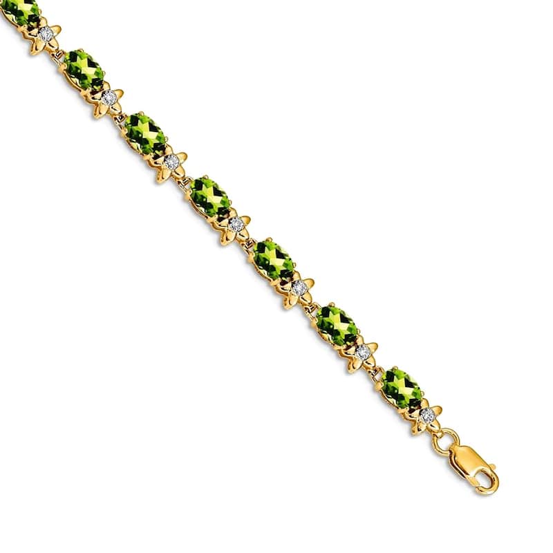 Curata Yellow or White 14k Gold 4.5mm 7" Gemstone and Diamond Flower Bracelet - Peridot - Yellow