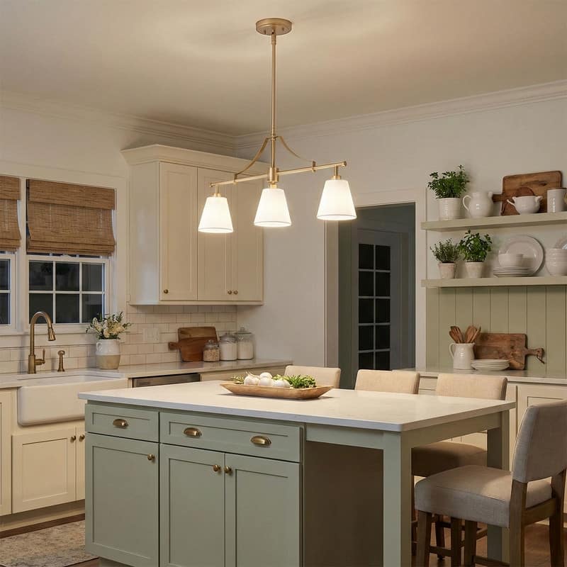 3 Light Linear Island Chandelier Deep Gold Painted Iron Frame Off White Fabric Shades