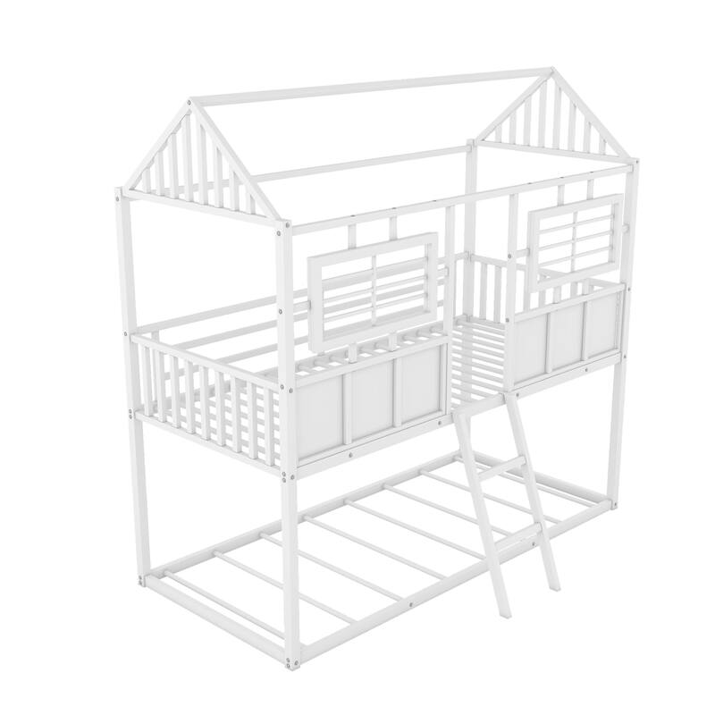 Twin Over Twin Size Metal Low Bunk Beds with Roof & FenceShaped Guardrail, House Bunk Beds with