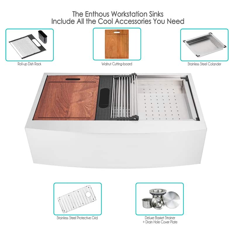 Enthous Workstation 36 Inch Farmhouse Apron 16 Gauge Single Bowl Stainless Steel Kitchen Sink Integrated Ledge 15mm Radius
