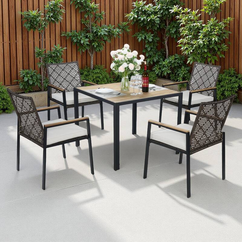 5-Piece Outdoor Patio Rattan Dining Set with Stackable Chairs, 35" Acacia Wood Table Top with Umbrella Hole - Beige+Brown
