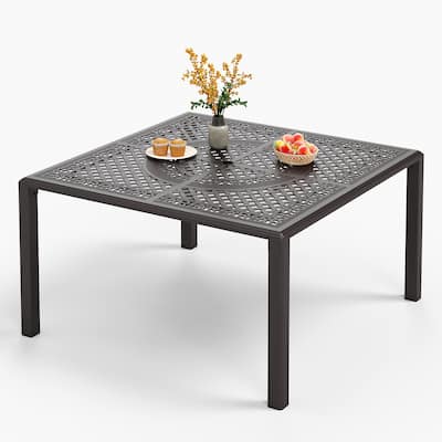 MAISON ARTS Patio Cast Aluminum Dining Table for 8, Square/Expandable Rectangular Table with Umbrella Hole