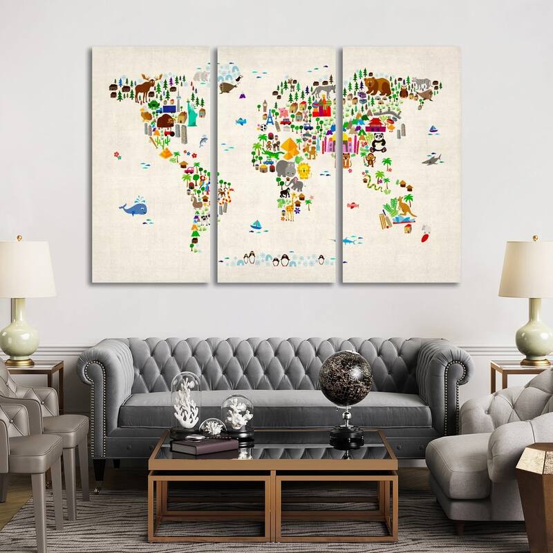 iCanvas "Animal Map of The World II" by Michael Tompsett 3-Piece Canvas Wall Art Set