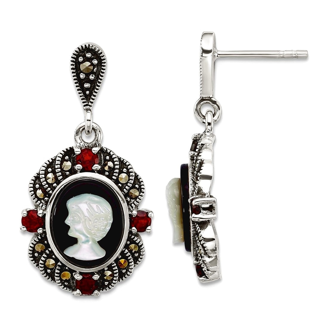 Curata 925 Sterling Silver 29x15mm Vintage Marcasite MOP Cameo Garnet Dangle Earrings