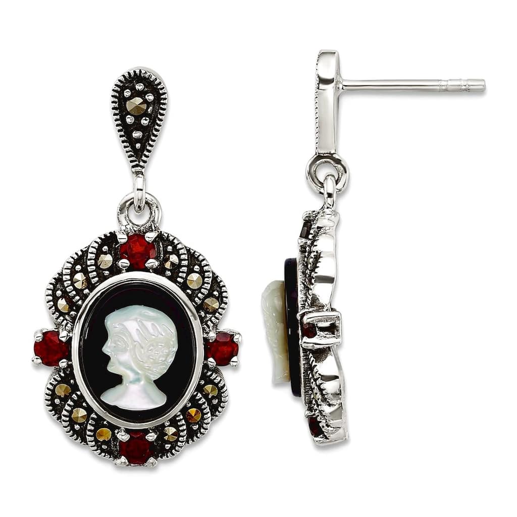 Curata 925 Sterling Silver Vintage Marcasite MOP Cameo Garnet Dangle Earrings - 29mmx15mm