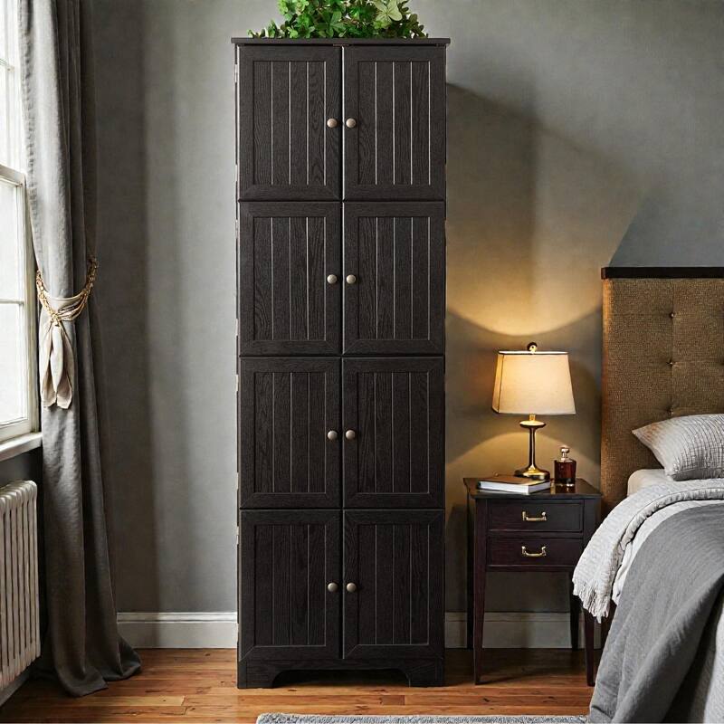 72.4 in Tall Storage Cabinet with 8 Doors and 4 Shelves, Freestanding Bookshelf Pantry Cabinet for Living Room - Black