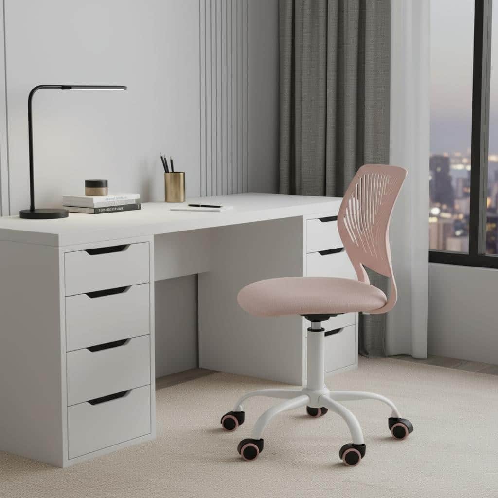 Pale Pink and White Adjustable Height Swivel Rolling Office Chair